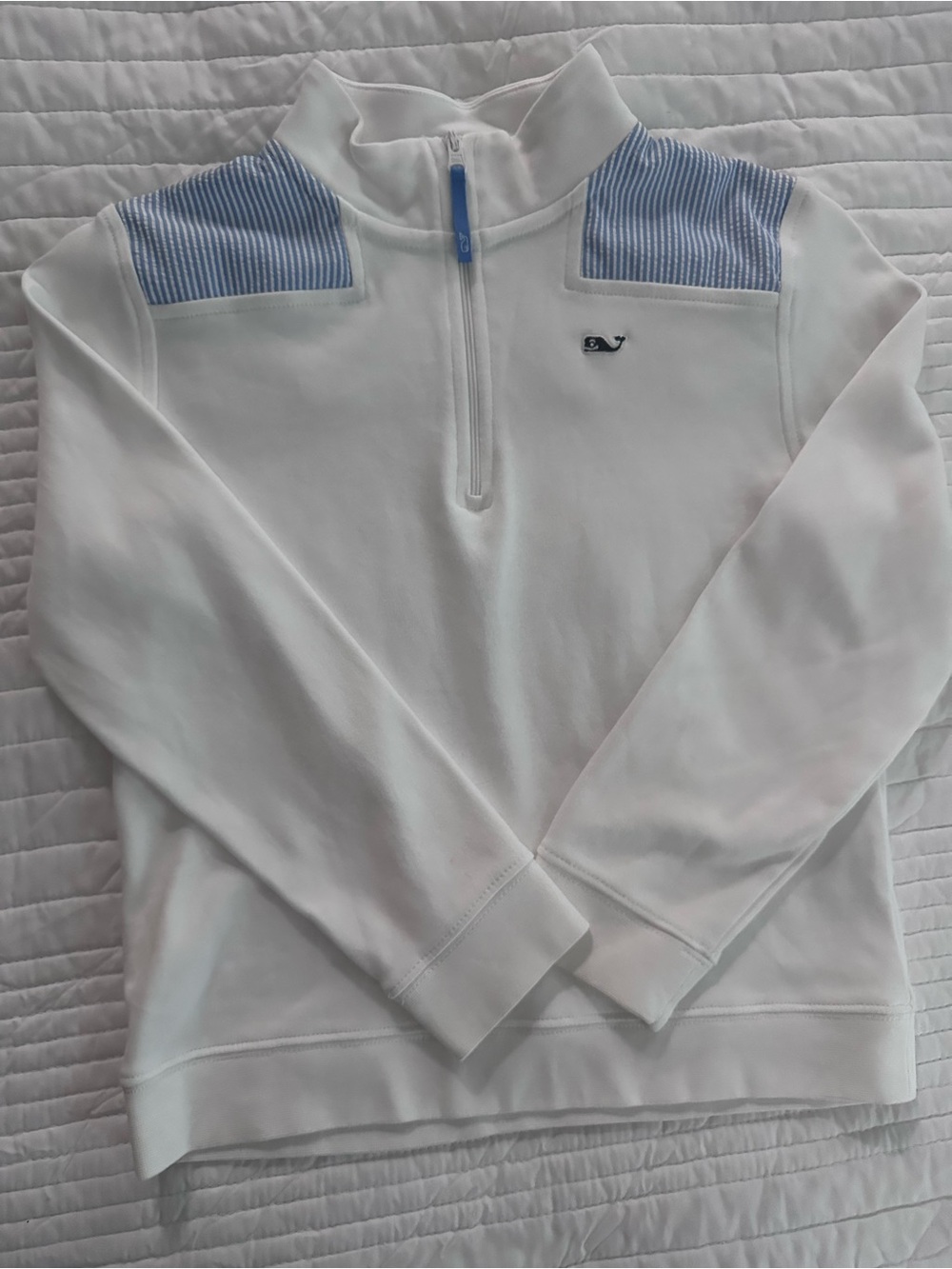 Girls Vineyard Vines White Quarter-Zip Pullover with Light Blue Shoulder Stripe